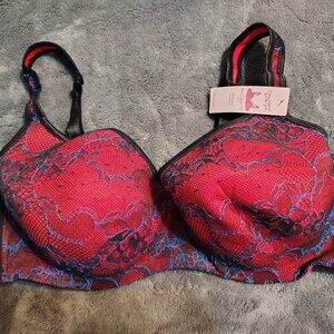Balconette Lace Bra - Red & Black with Blue - Cacique - Size 44D - NWT